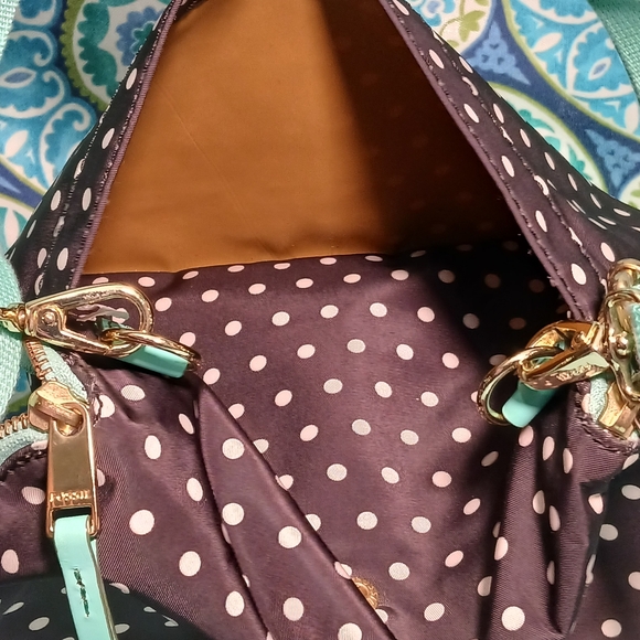 Fossil Black and White Polka Dot Bag With Teal Trim - Picture 7 of 9